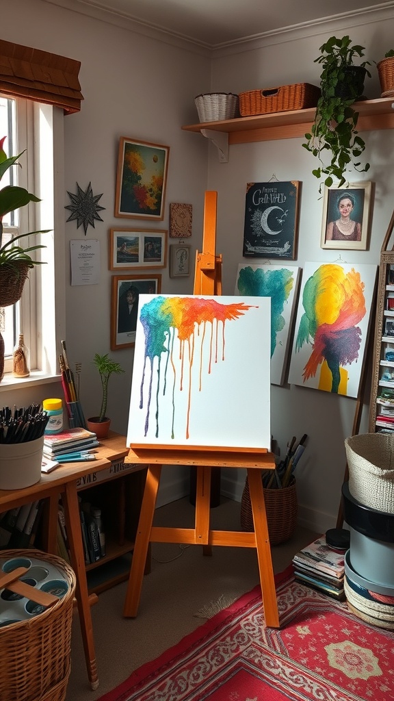 A cozy artistic corner for painting with an easel, colorful artwork on the walls, and art supplies on a table.