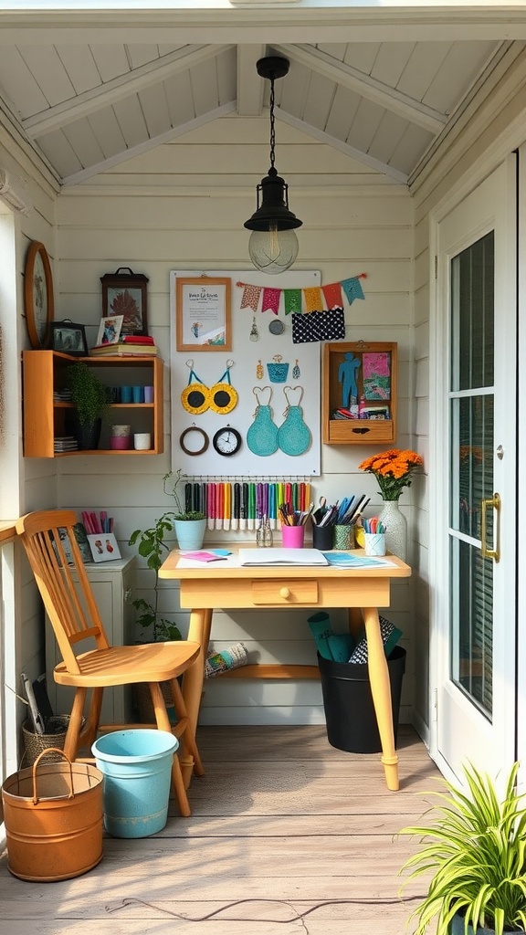 A small enclosed porch designed as an artistic crafting space with a desk, colorful markers, wall decorations, and plants.