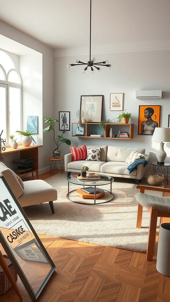 A stylish living room featuring a modern sofa, artistic wall decor, a round coffee table, and a unique chandelier.
