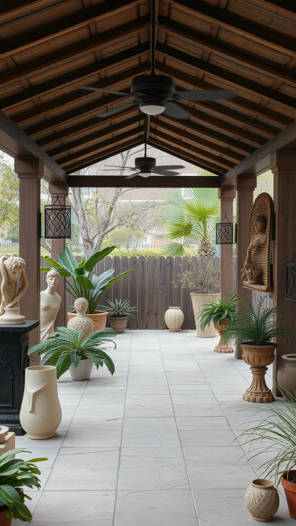 Decorative elements in a covered patio, featuring plants, sculptures, and lanterns.