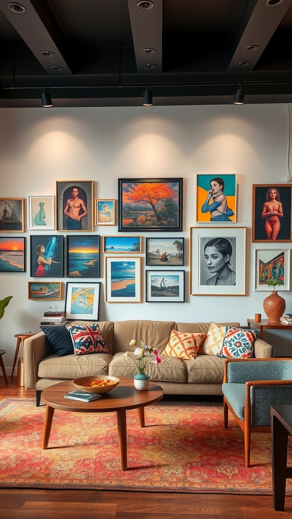 A stylish living room featuring a gallery wall filled with various framed artworks, a cozy sofa, and a round coffee table.