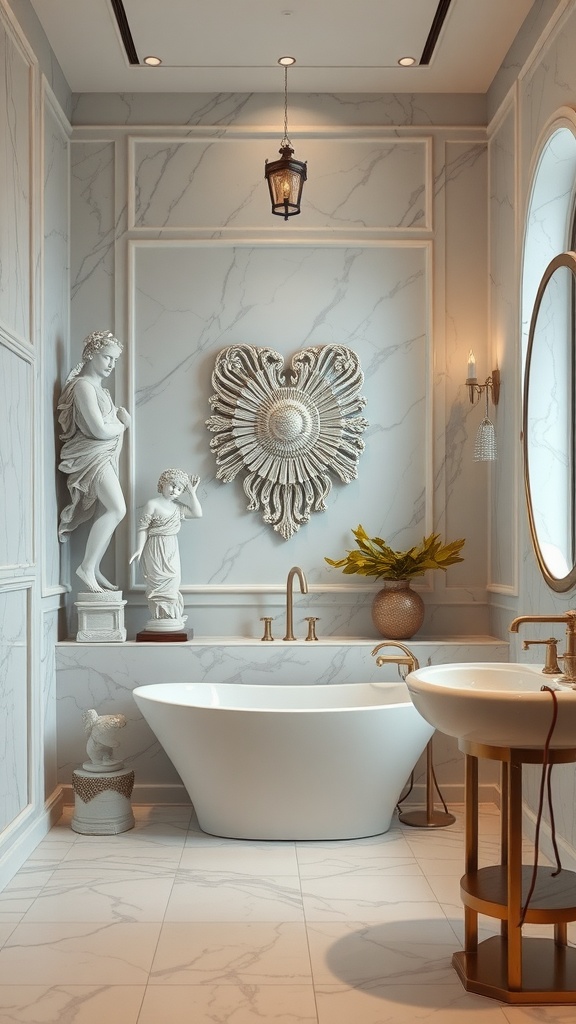 An elegant bathroom with marble walls, sculptures, and a heart-shaped decorative piece.