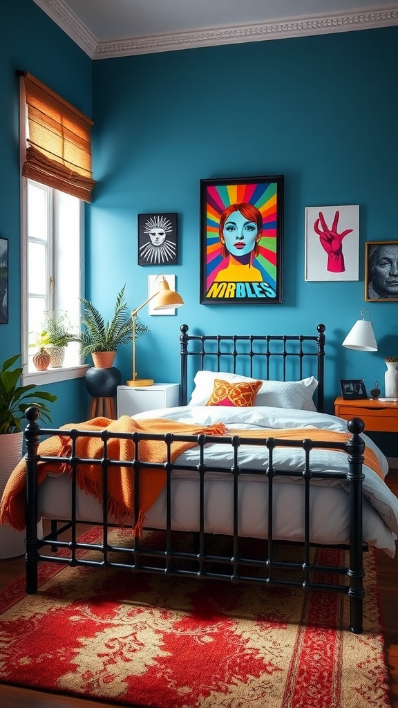 A vibrant bedroom featuring a black metal bed frame, colorful artwork, and a warm throw blanket.