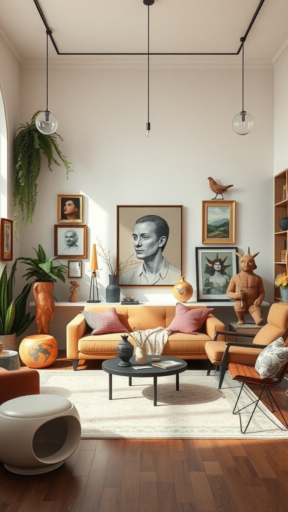 A vibrant living room featuring eclectic artwork, an orange sofa, and unique decor items.
