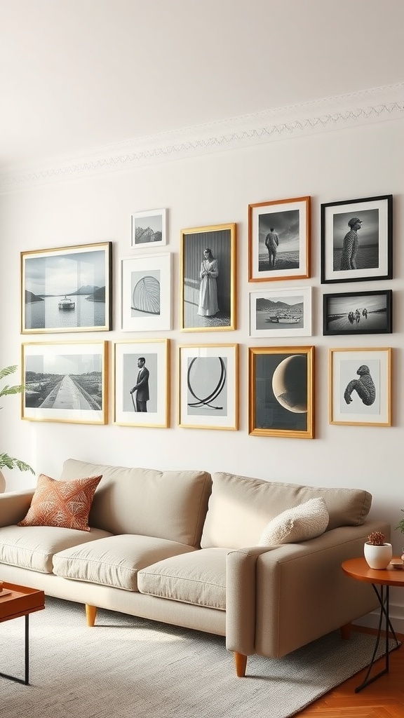 A stylish living room featuring a gallery wall with a variety of framed black-and-white photographs above a beige couch.