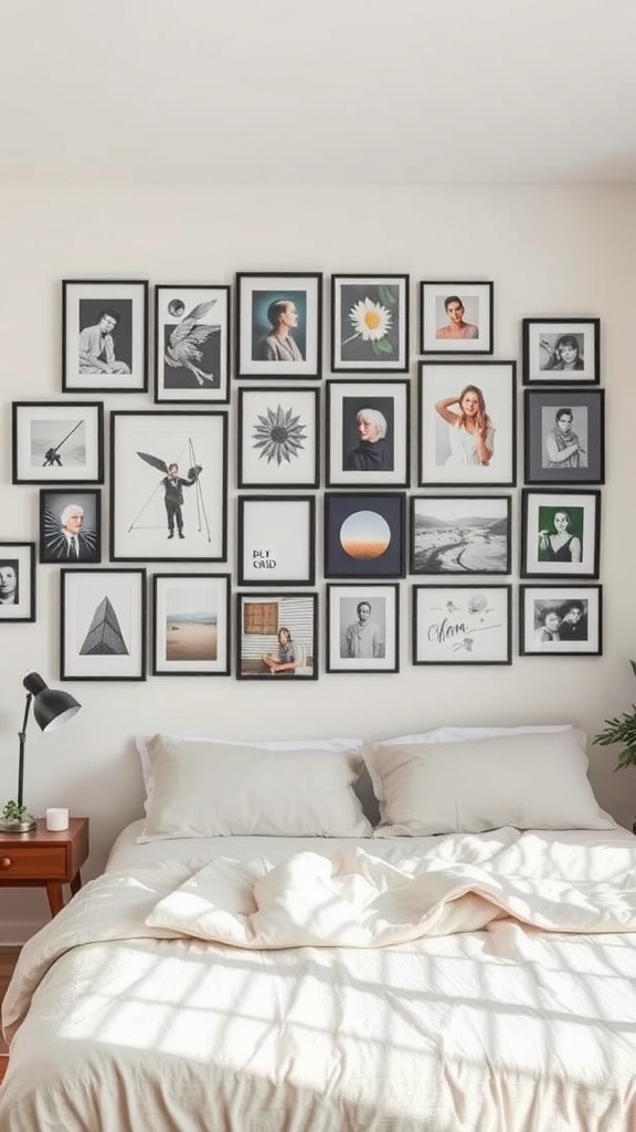 A bedroom with a gallery wall featuring various framed artworks and photographs above a bed.