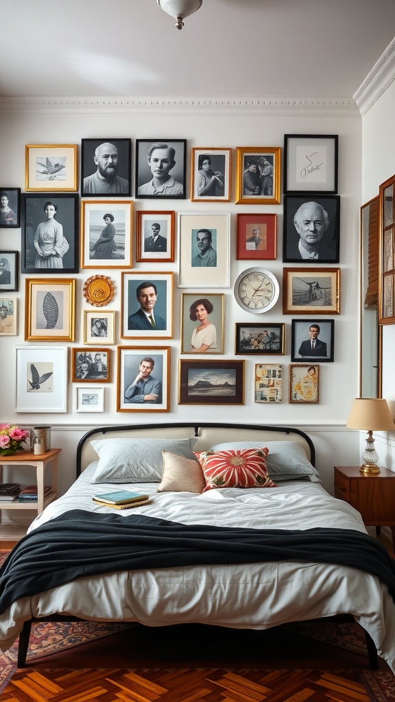 A bedroom featuring a gallery wall with various framed artworks and photographs above a neatly made bed.