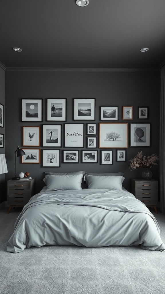 A gray and black bedroom with a gallery wall of framed art
