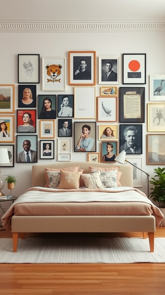 A cozy bedroom featuring a beige bedframe and an artistic gallery wall with various framed artworks.