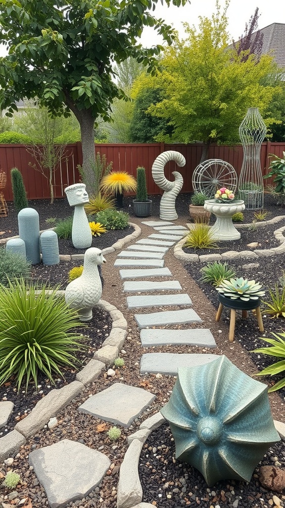 A backyard garden featuring various artistic sculptures, a stone pathway, and lush greenery.