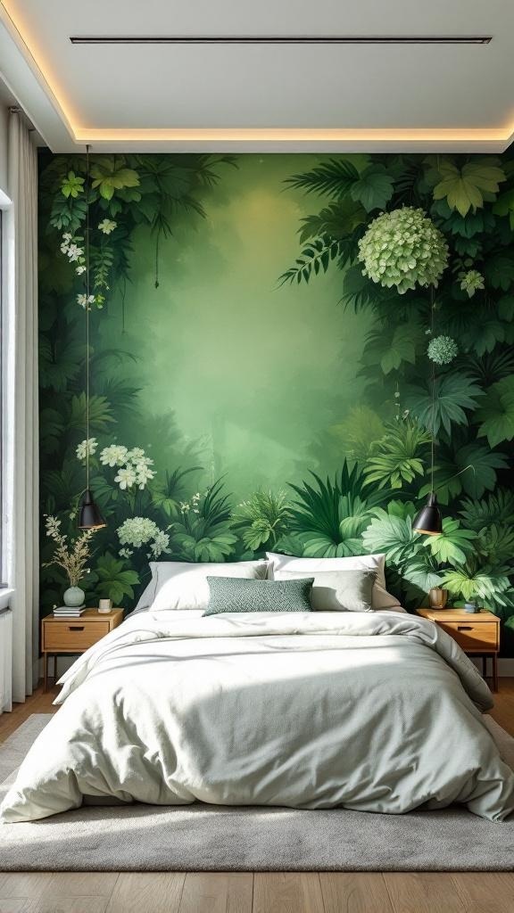 A bedroom featuring a green mural with lush plants and flowers, complemented by light bedding and wooden furniture.