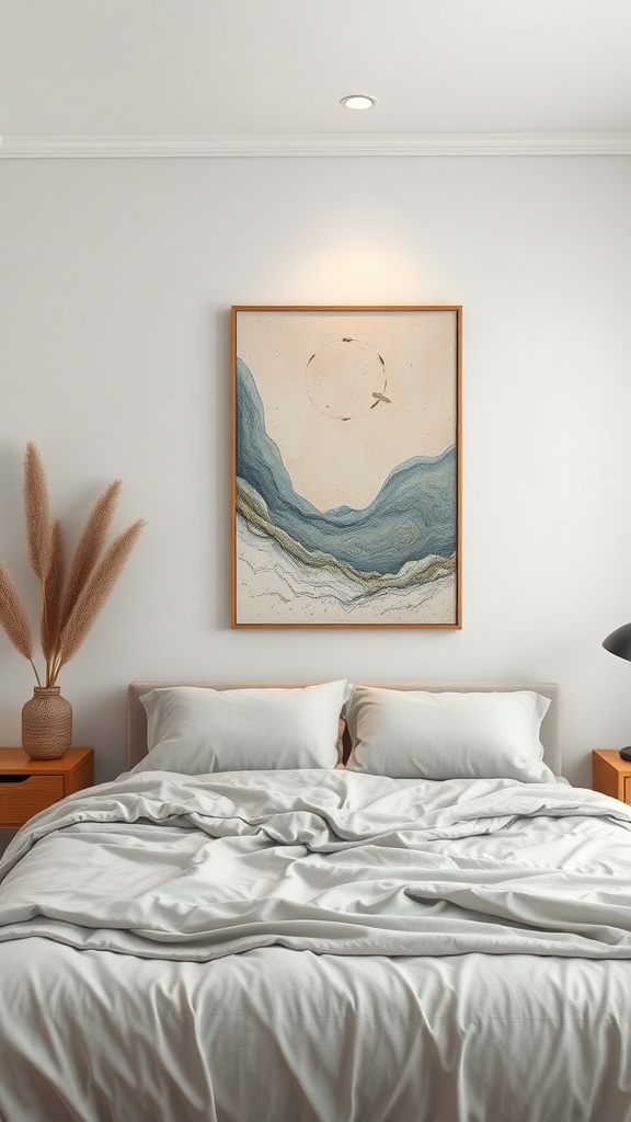 Artistic wall art in grey and beige bedroom, featuring abstract blue and beige design