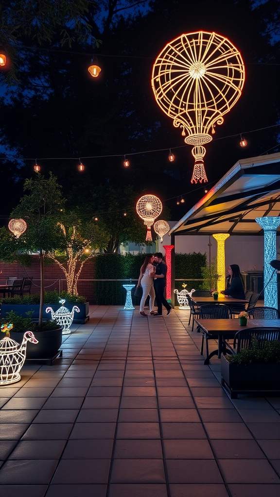 An outdoor patio with artistic lighting displays, featuring hot air balloon lights and duck-shaped lights.