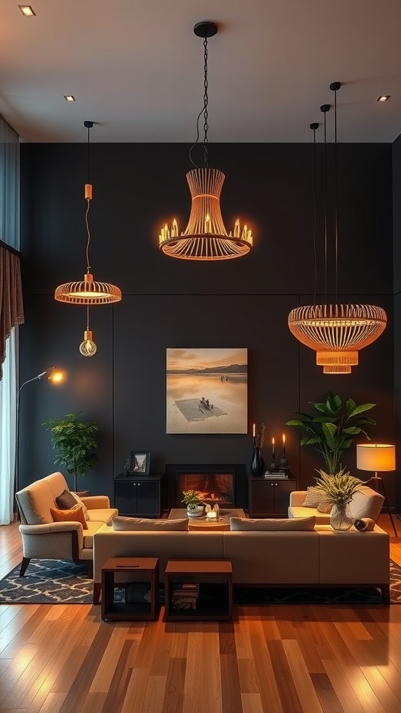 A stylish living room featuring artistic lighting fixtures, dark walls, and cozy furniture.