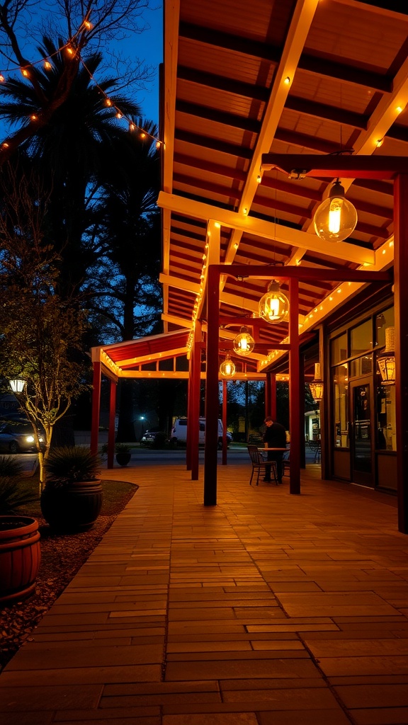 A covered patio at night with warm lighting from lanterns and string lights.
