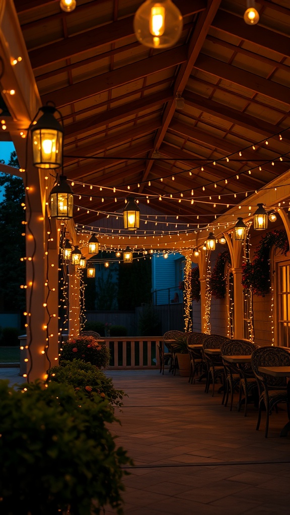 A covered patio with string lights and lanterns creating a warm atmosphere at night.