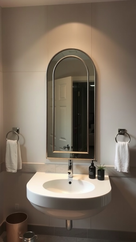 A modern bathroom with an arched mirror above a sleek sink, showcasing minimalist design.