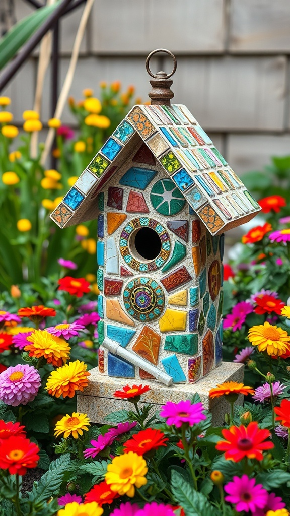 A colorful mosaic birdhouse surrounded by vibrant flowers.