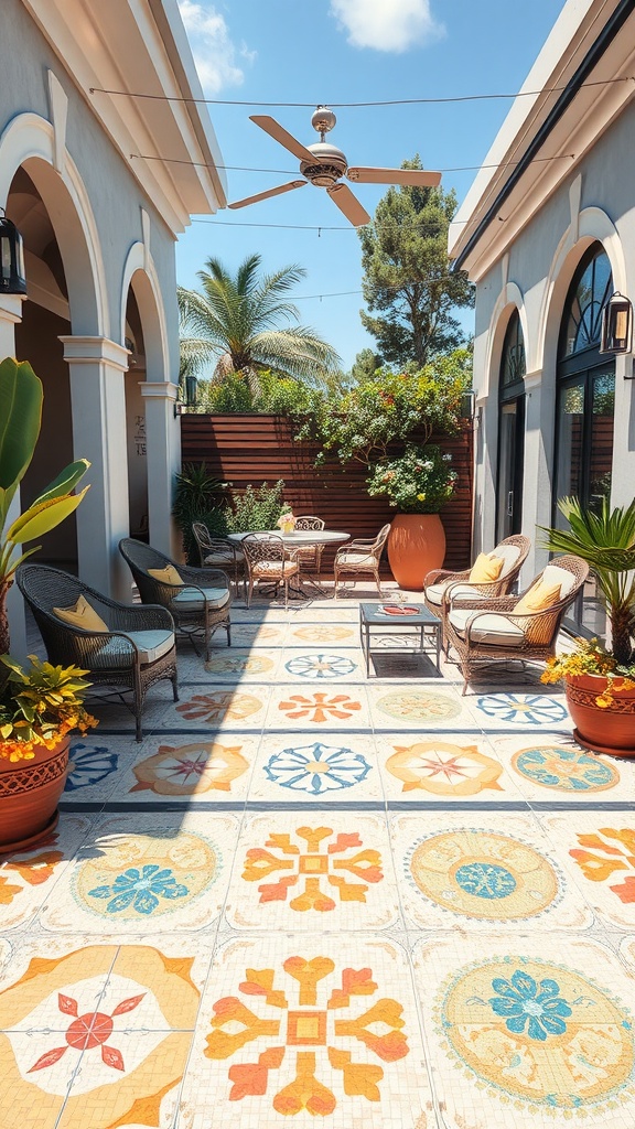 A covered outdoor patio featuring artistic mosaic tiles in various colors and patterns, with comfortable seating and plants.