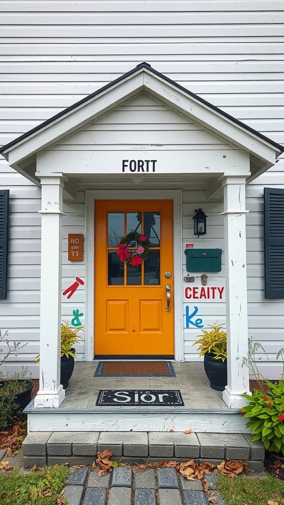 A colorful porch with an orange door and playful wall art.