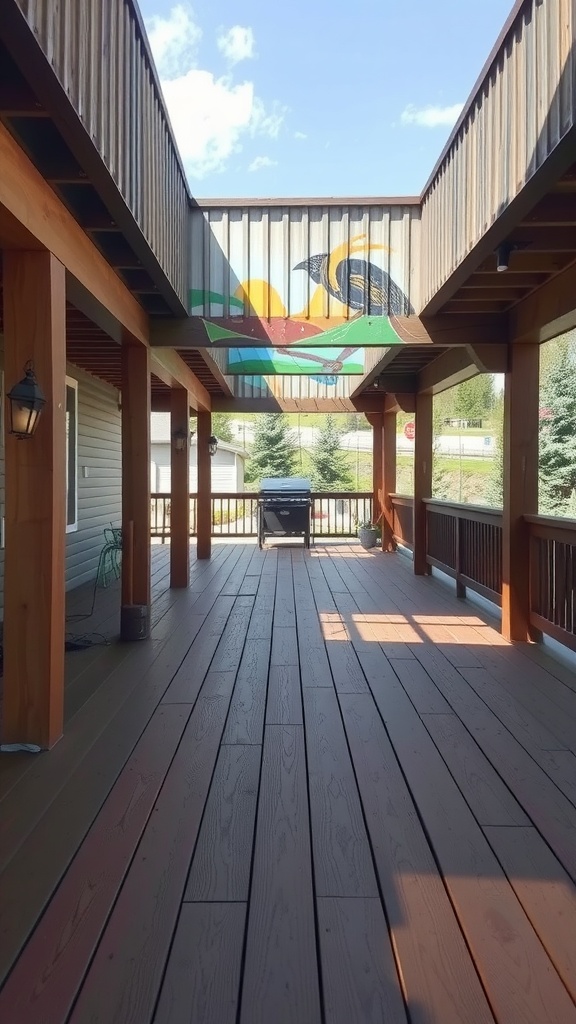 A colorful mural featuring a bird and sun under a deck.