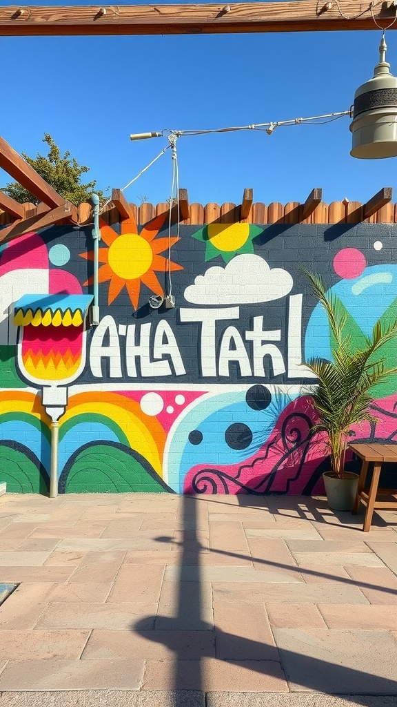 Colorful mural wall with sun, clouds, and vibrant designs in a backyard patio