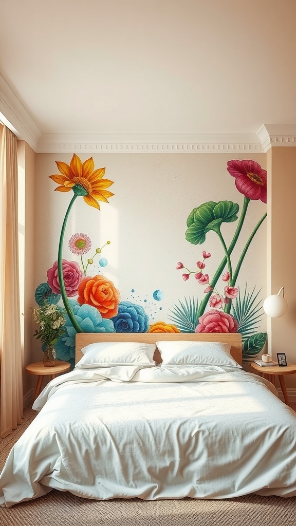 A beige bedroom with a colorful floral mural featuring sunflowers and roses on the wall.