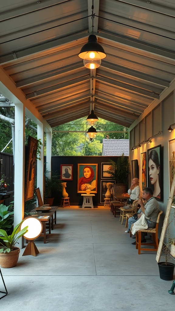 A covered patio showcasing various artworks with seating and plants.