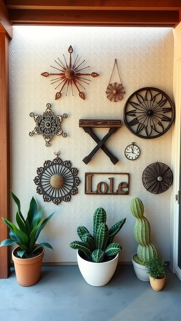 A collection of artistic wall decor items including metal stars, circular designs, and potted plants on a patio wall.