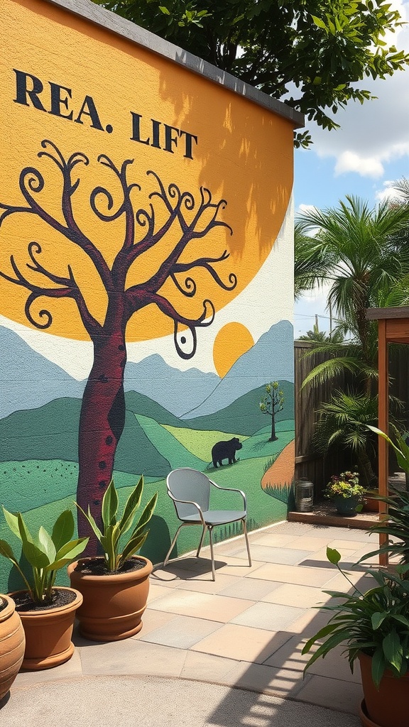 Artistic outdoor wall mural featuring a tree, mountains, and a bear.
