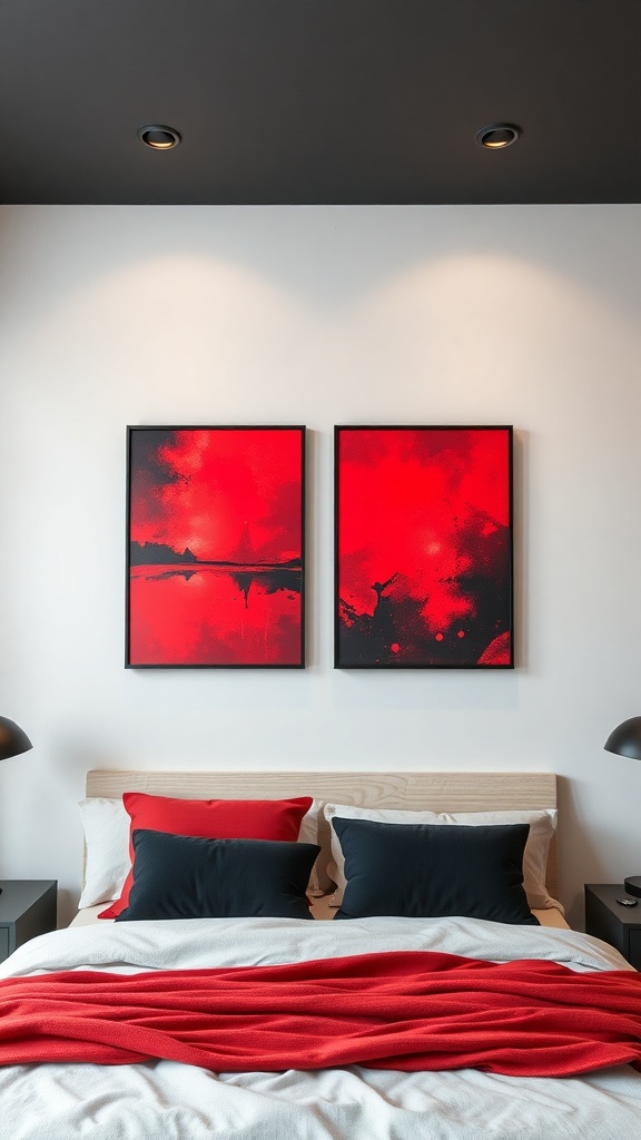 A modern bedroom featuring red and black abstract wall art above a bed with red and black pillows.
