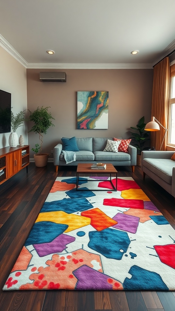 A colorful artistic rug contrasting with dark floors in a stylish black living room.