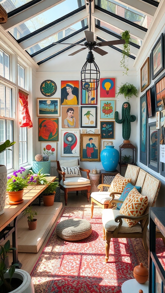 A sunroom filled with colorful artwork, plants, cozy seating, and a vibrant ambiance.