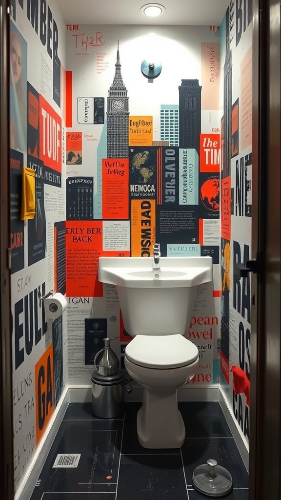 A small bathroom with walls covered in colorful posters and typography, showcasing artistic design.