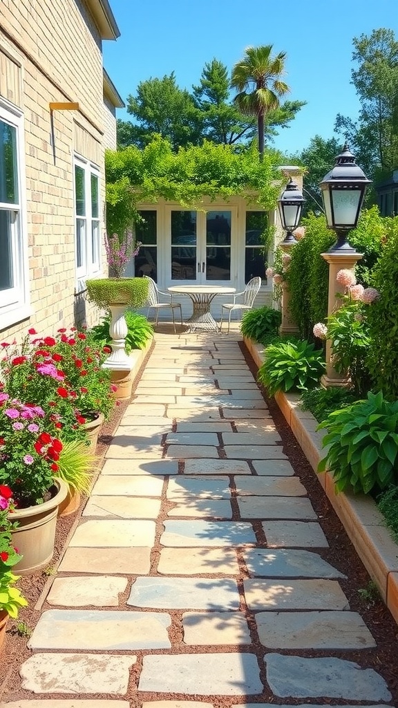 A beautiful stone pathway surrounded by flowers leading to a patio.