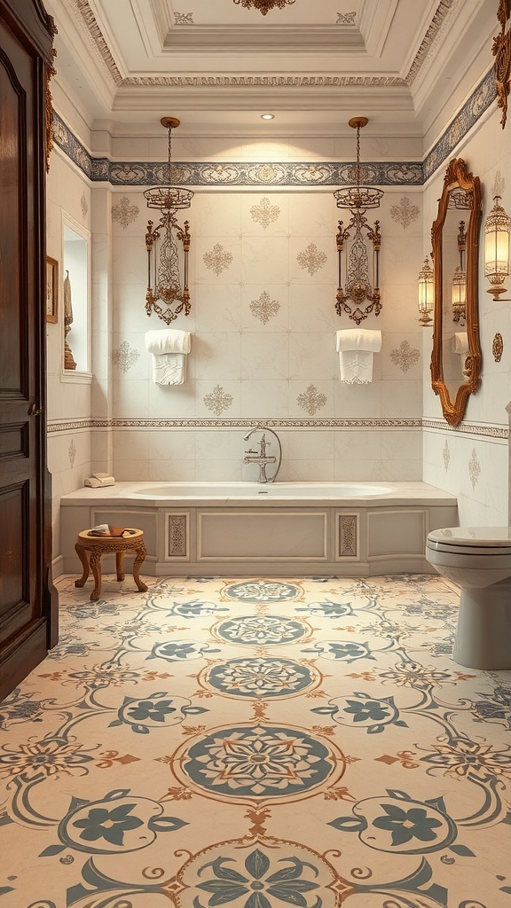 A luxurious bathroom featuring intricate artistic tile designs on the floor and elegant decor.