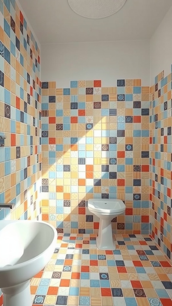 A colorful bathroom with a mix of patterned tiles in blue, orange, and earthy tones