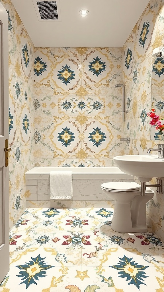 A guest bathroom featuring artistic tile patterns on the walls and floor.