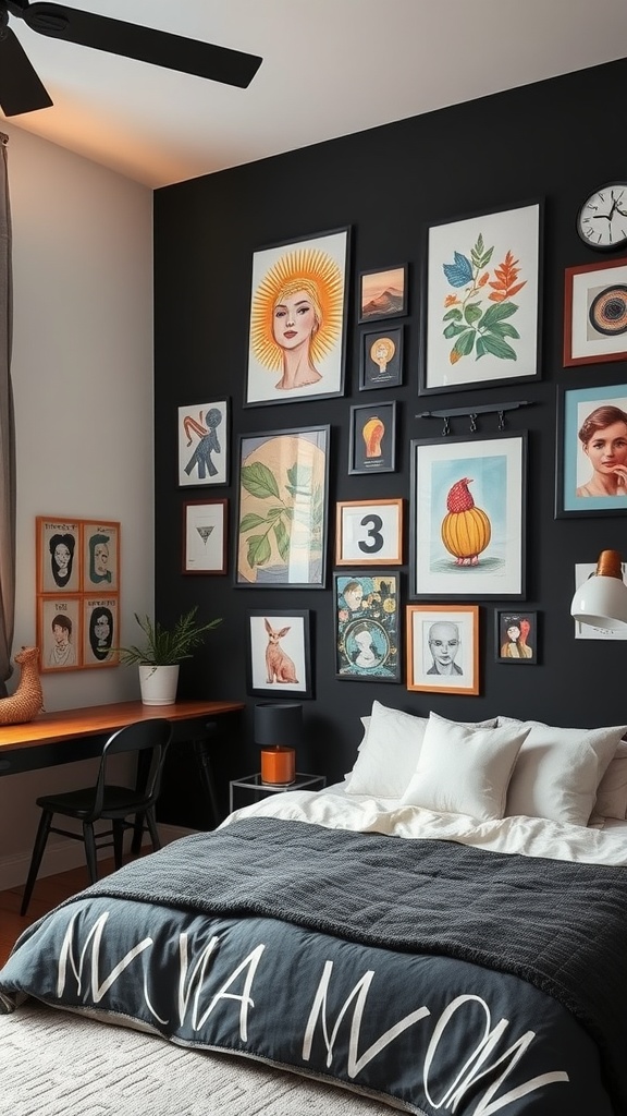 A stylish bedroom featuring a black accent wall adorned with various framed artworks.