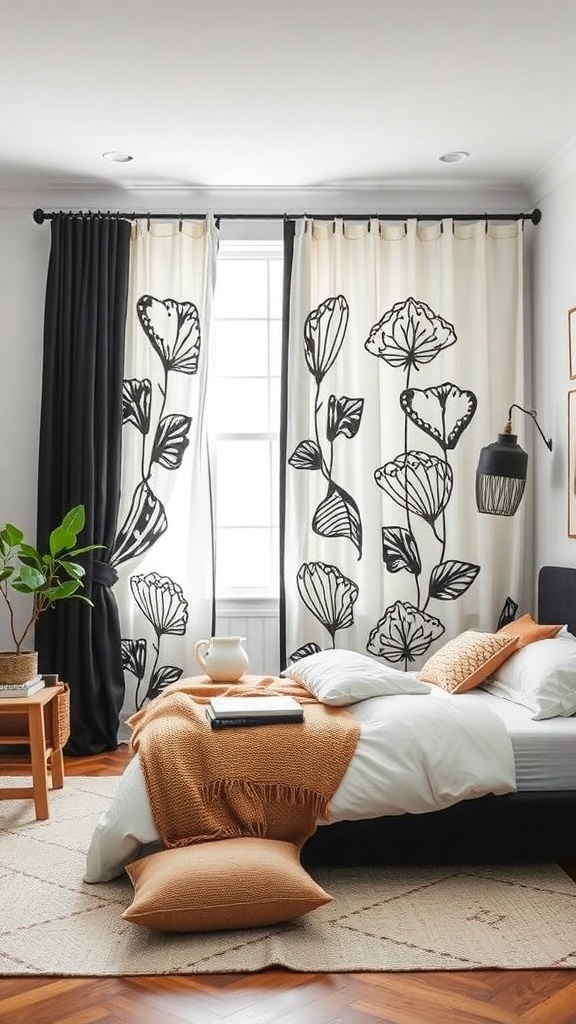 Bedroom with black printed curtains featuring playful designs, a cozy bed, and woven baskets.
