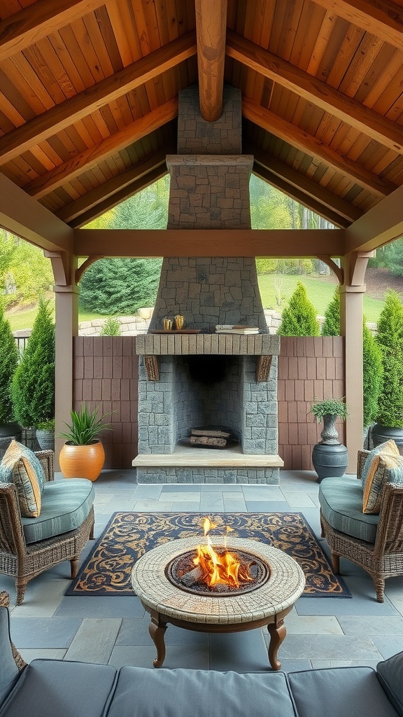 A covered patio featuring a stone fireplace, comfortable seating, and decorative plants.