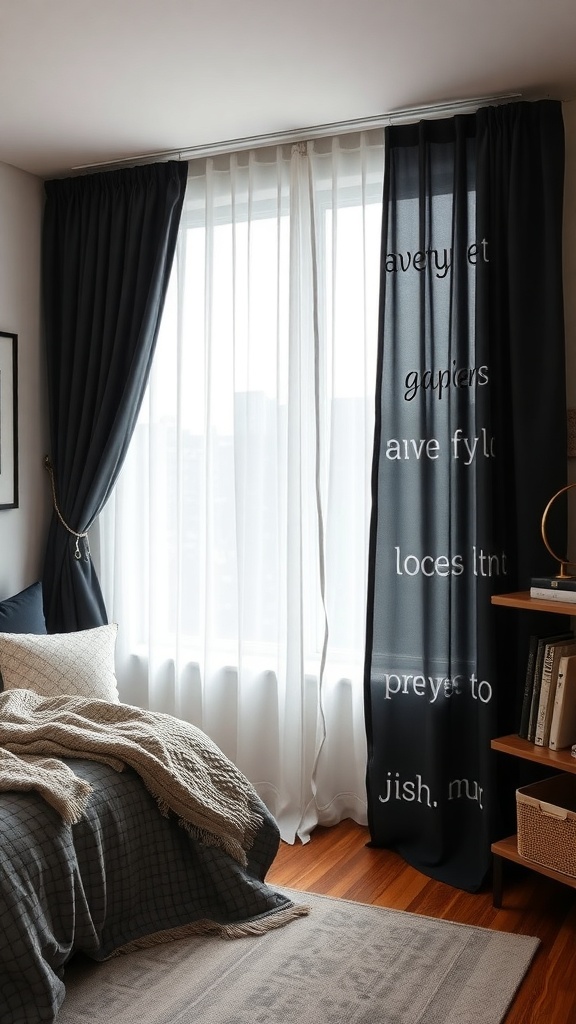 A bedroom featuring blackout curtains with custom prints, showcasing a stylish and cozy atmosphere.