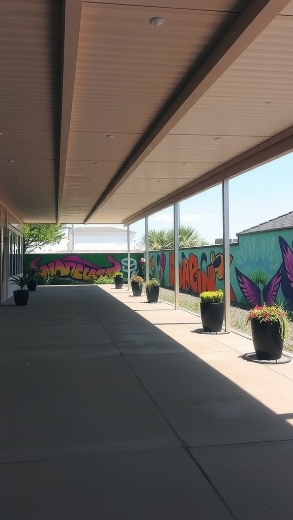 A covered patio featuring colorful wall murals and planters.