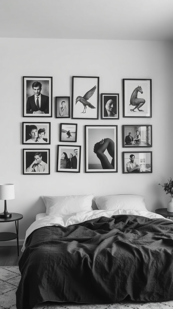 A black, white, and grey bedroom featuring a gallery wall of framed art and a cozy bed.
