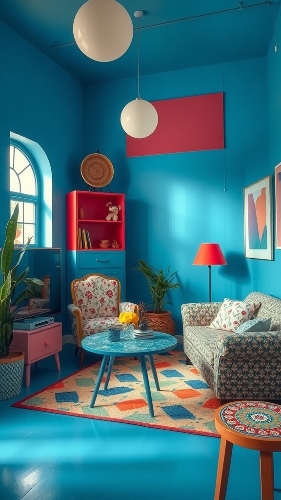 A colorful living room featuring blue walls, patterned furniture, and vibrant decor.