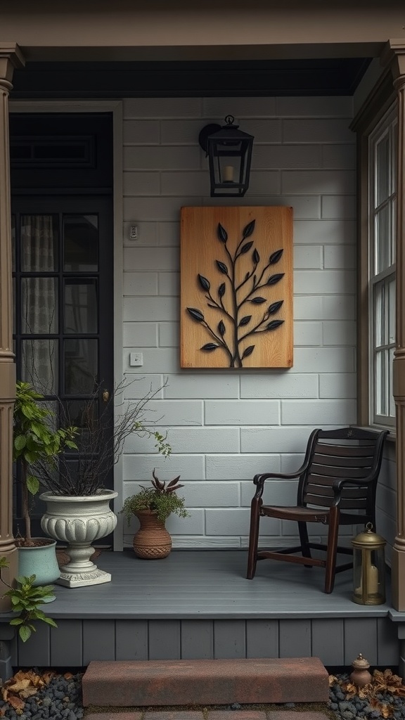 A small porch with artistic wall art featuring a wooden piece with a leaf design, a lantern, and comfortable seating.