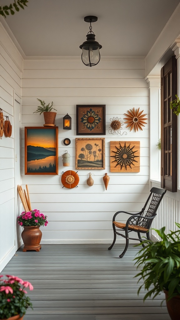 A mobile home back porch decorated with various wall art, including framed pictures and wall hangings, complemented by plants and a chair.