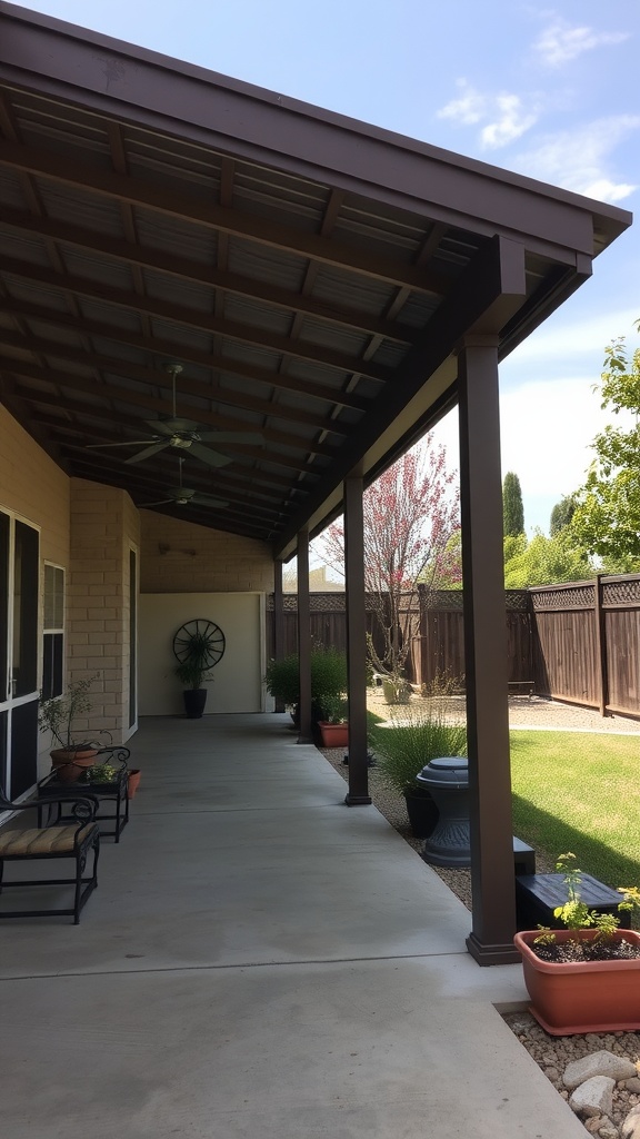 A covered patio with a clean floor, sturdy roof, and potential for wall decor.