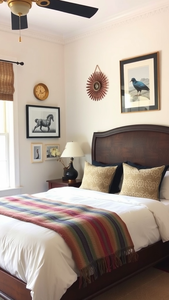 A classy bedroom featuring artistic wall decor with various framed artworks, a sunburst mirror, and a cozy bed.
