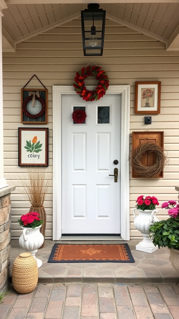 Decorative front porch featuring a white door, colorful wreaths, framed artwork, and vibrant flowers.